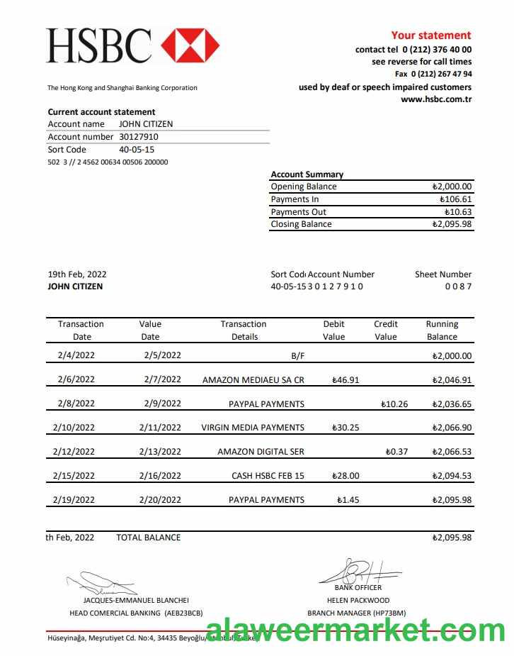 Turkey HSBC bank statement xls